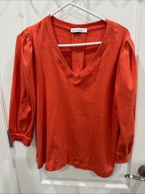 V-Neck Puff Sleeve Long Sleeve Tee - Coral Orange